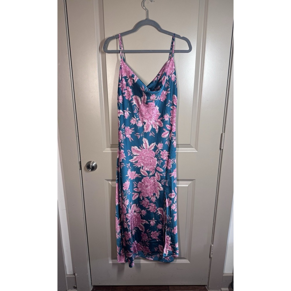 Paper Heart Green Floral Satin Cowl Neck Slip Midi Dress Sz L